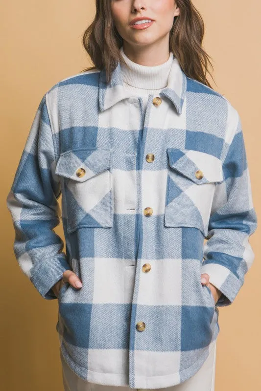 Shelly Plaid Sherpa Jacket in Blue Check