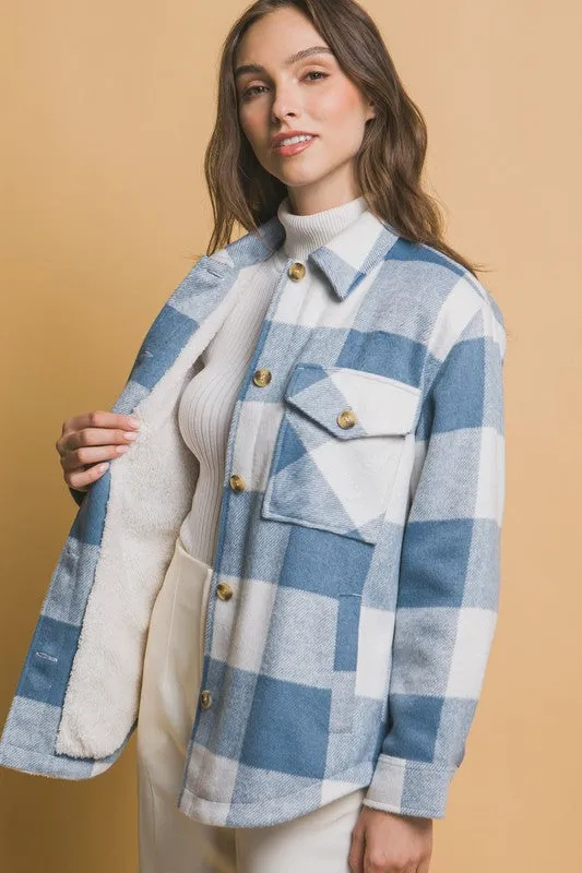 Shelly Plaid Sherpa Jacket in Blue Check