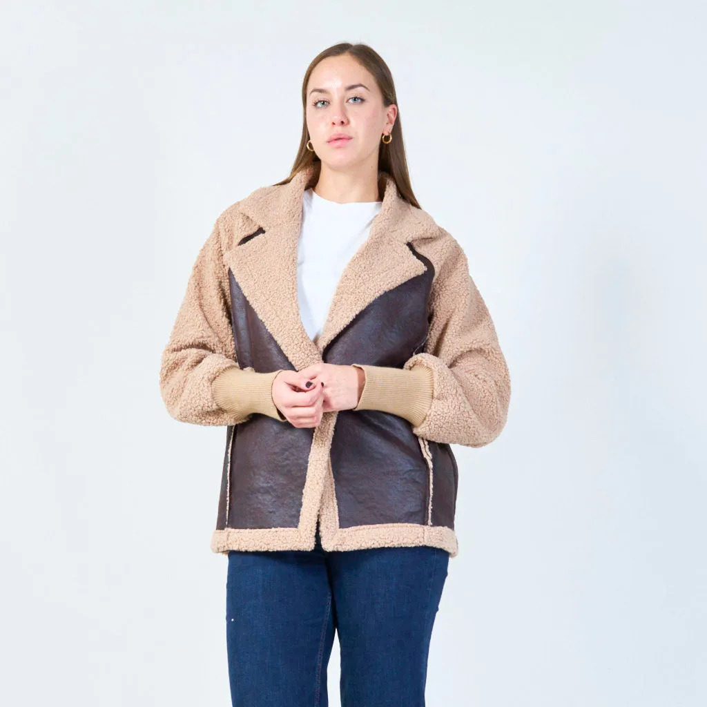 Sherpa and faux leather contrast jacket wholesale