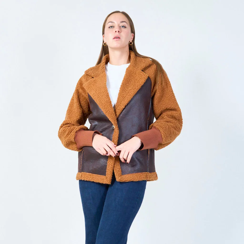 Sherpa and faux leather contrast jacket wholesale