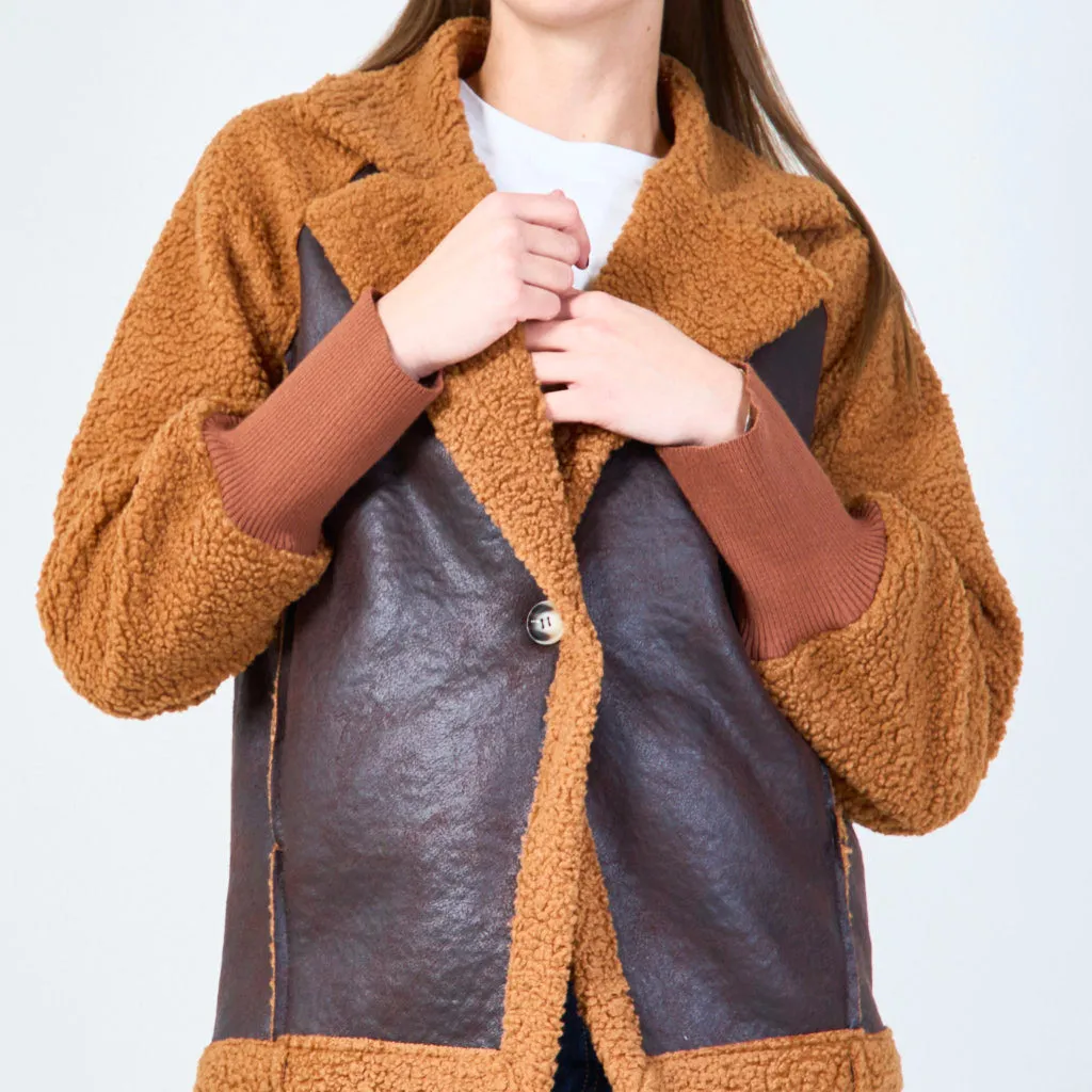 Sherpa and faux leather contrast jacket wholesale