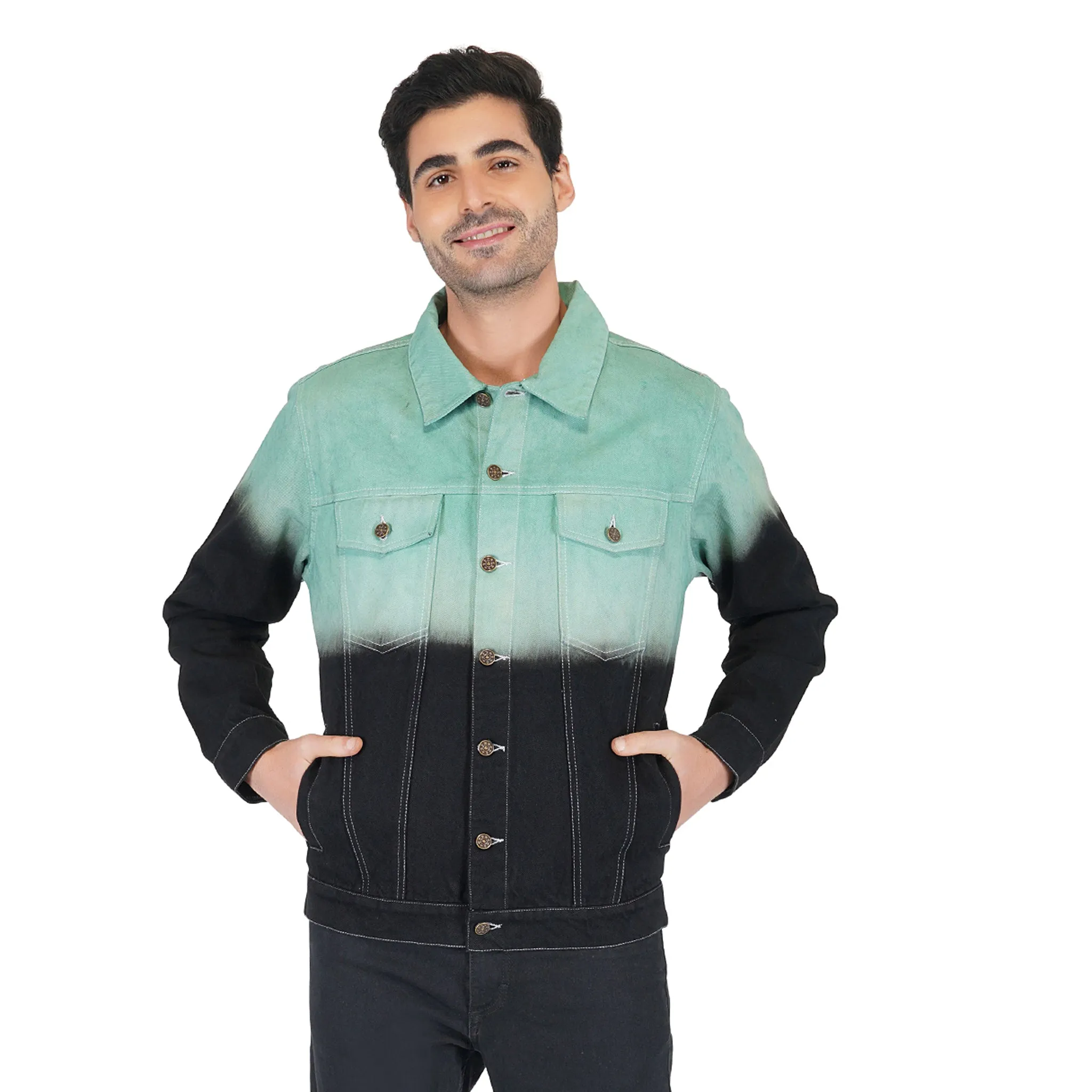 SLAY. Men's Green & Black Ombre Effect Button-Down Ripped Denim Jacket