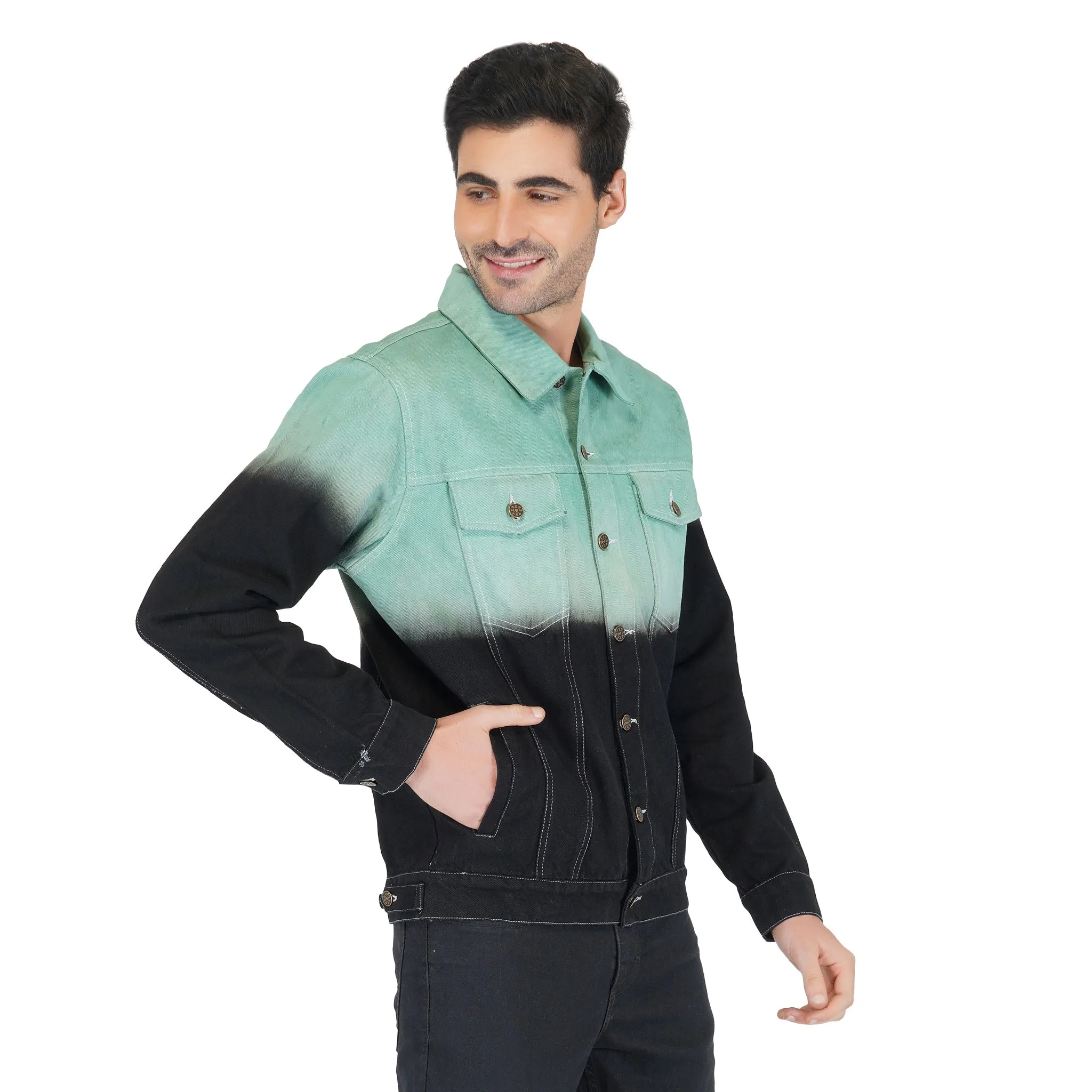 SLAY. Men's Green & Black Ombre Effect Button-Down Ripped Denim Jacket