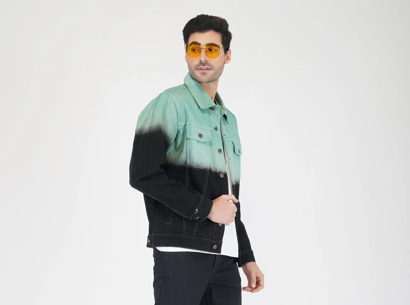 SLAY. Men's Green & Black Ombre Effect Button-Down Ripped Denim Jacket