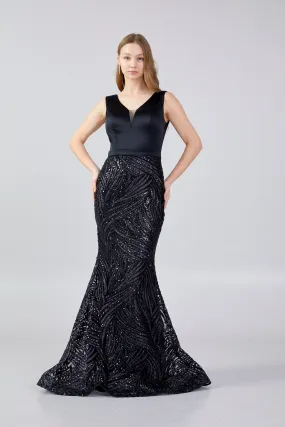 Sleeveless Maxi Sequin Mermaid Regular Black Evening Dress Vıe1320syh Black