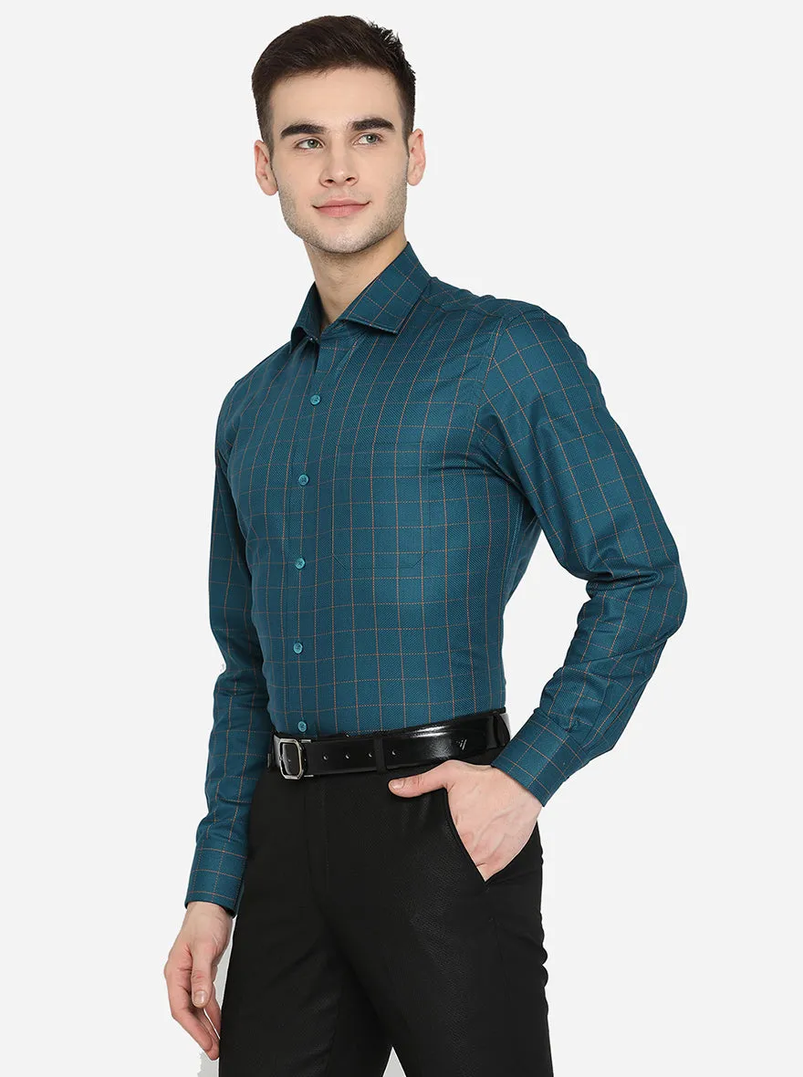 Teal Green Checked Slim Fit Formal Shirt | Metal