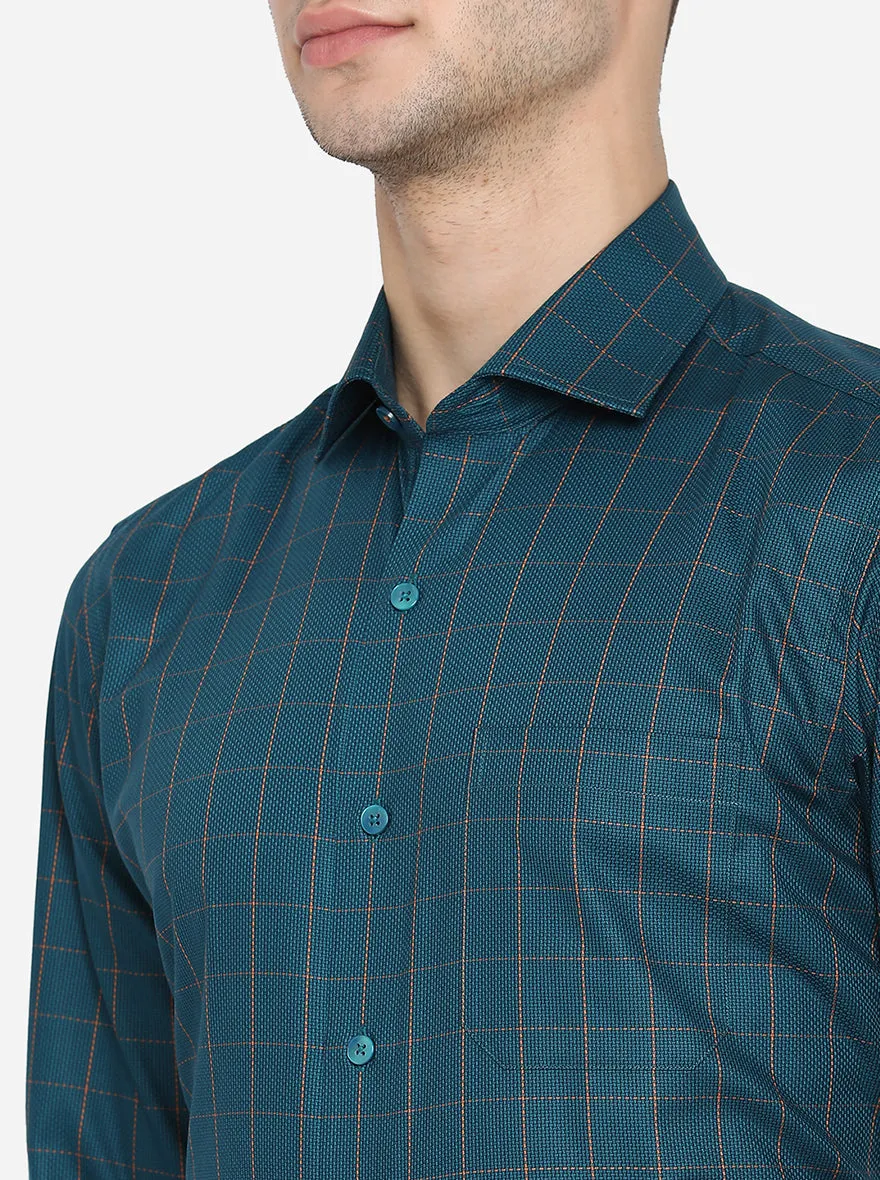 Teal Green Checked Slim Fit Formal Shirt | Metal