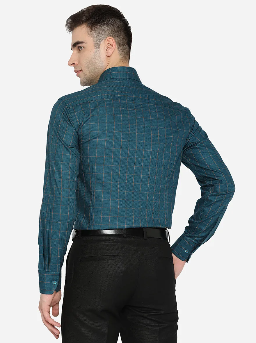 Teal Green Checked Slim Fit Formal Shirt | Metal