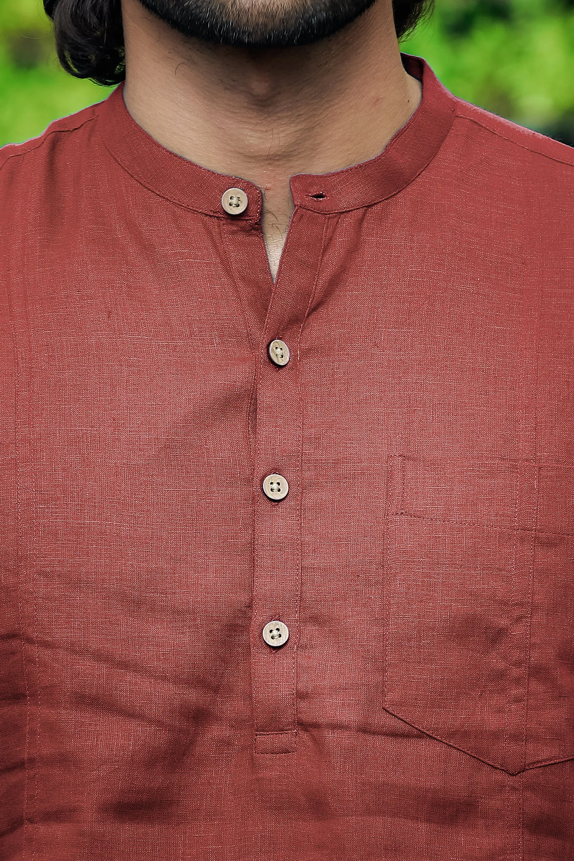 Trevor - Half Placket Pure Linen Full Sleeve Shirt - Terracotta Red