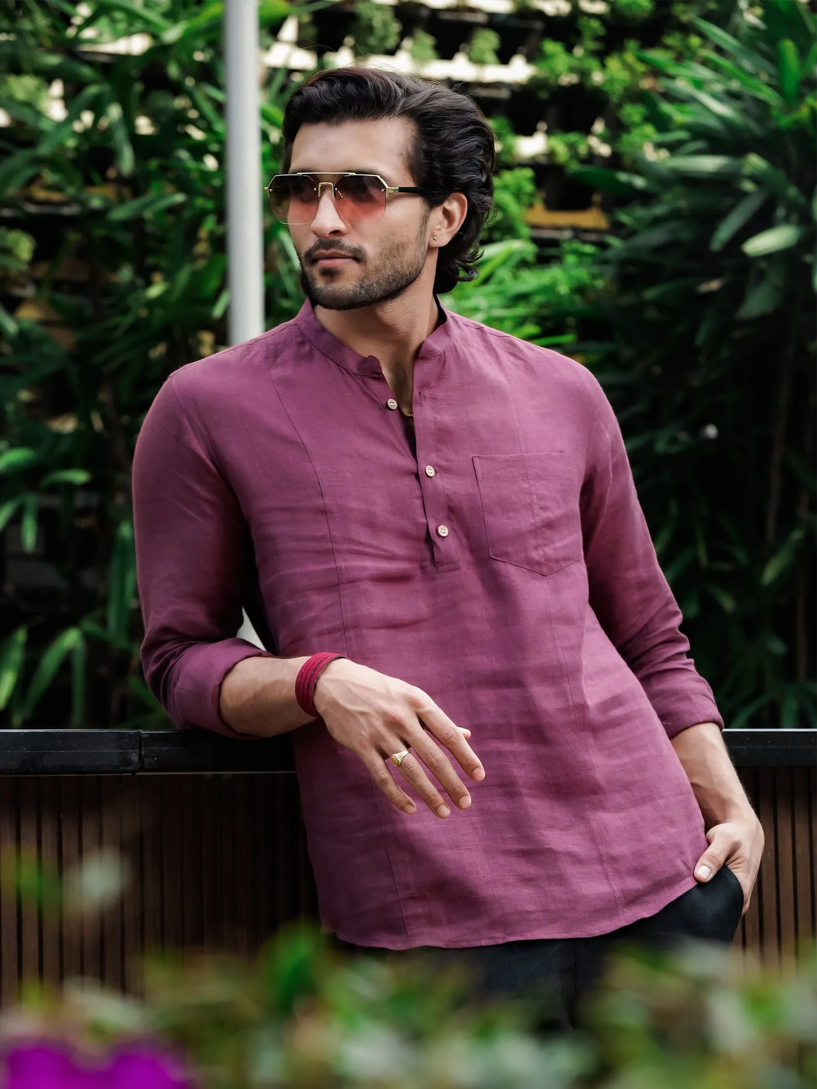 Trevor - Half Placket Pure Linen Full Sleeve Shirt - Twilight Purple