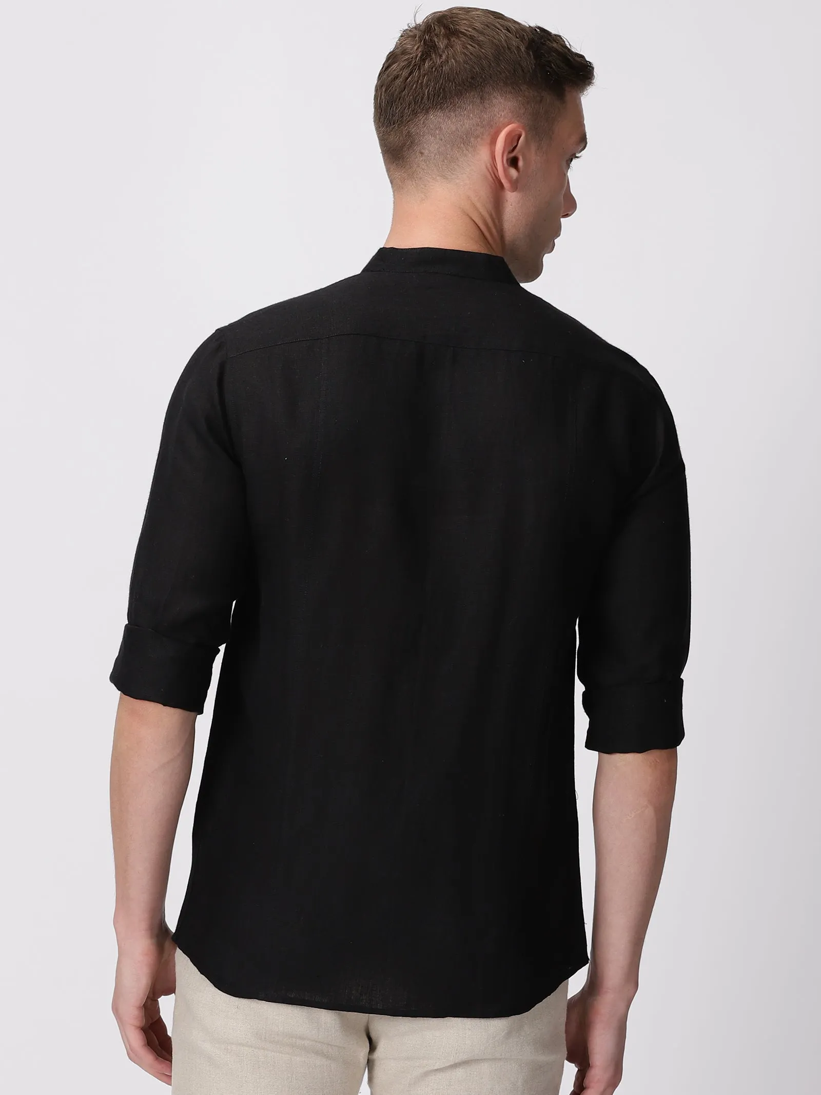 Trevor - Pure Linen Mandarin Collar Full Sleeve Shirt - Black