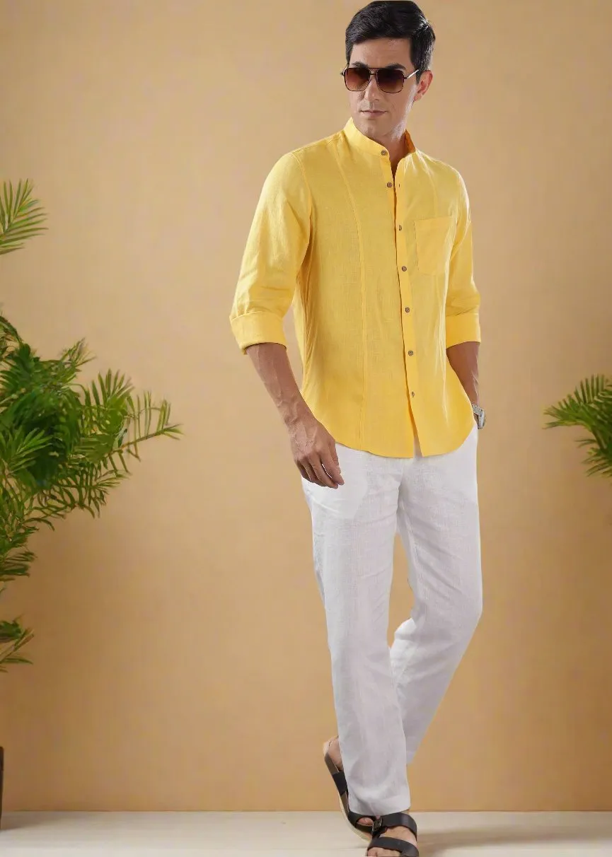 Trevor - Pure Linen Mandarin Collar Full Sleeve Shirt - Citrus Yellow