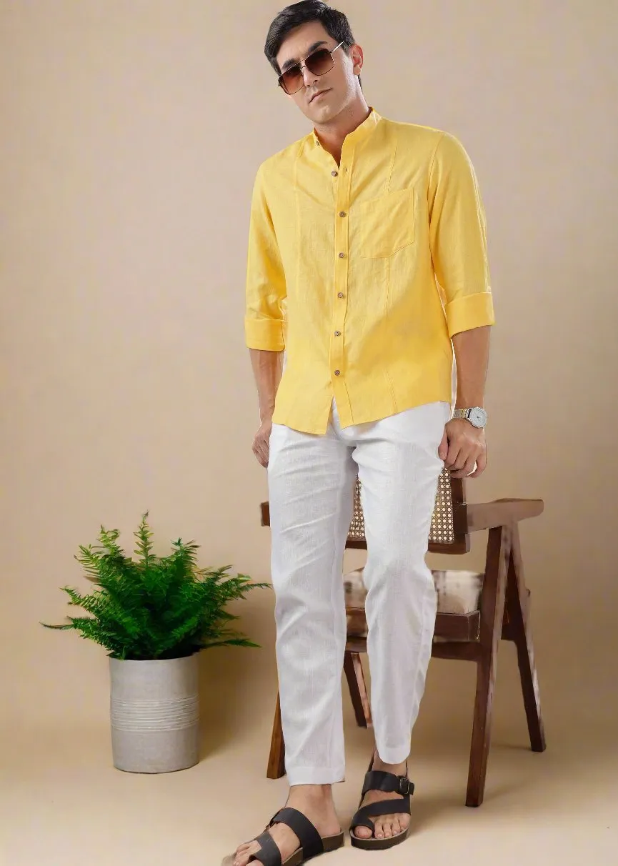 Trevor - Pure Linen Mandarin Collar Full Sleeve Shirt - Citrus Yellow