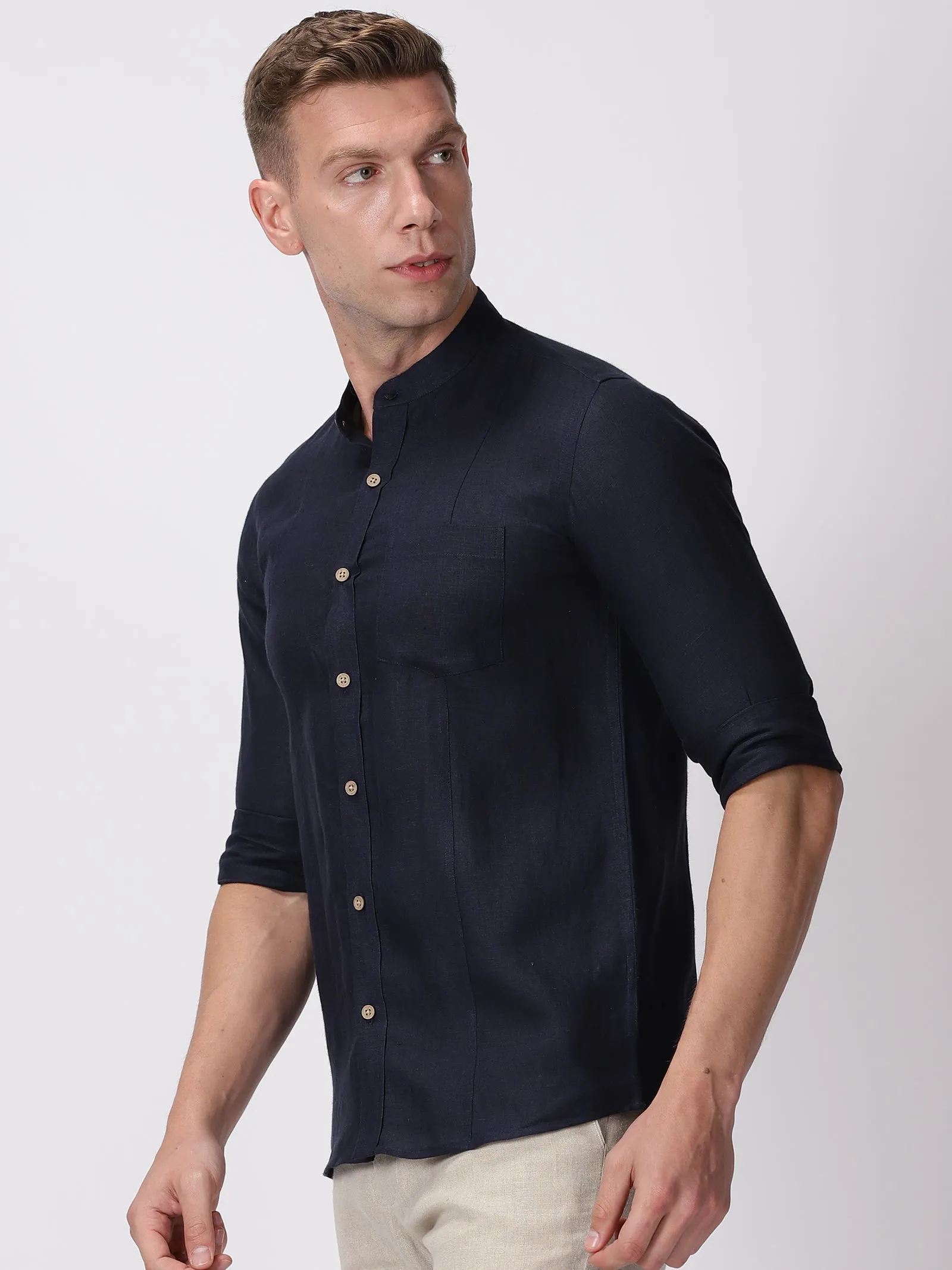 Trevor - Pure Linen Mandarin Collar Full Sleeve Shirt - Dark Blue