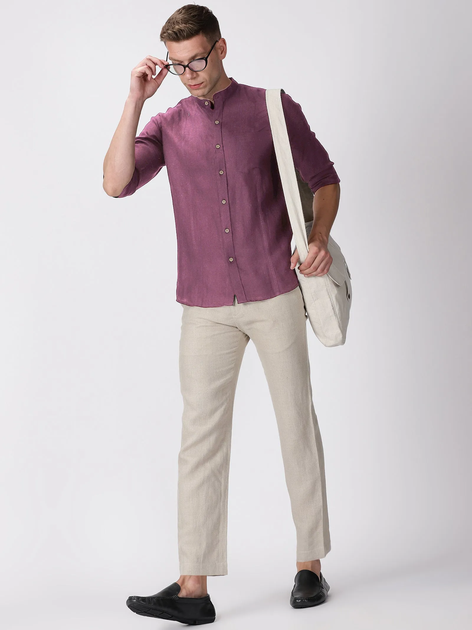 Trevor - Pure Linen Mandarin Collar Full Sleeve Shirt - Twilight Purple