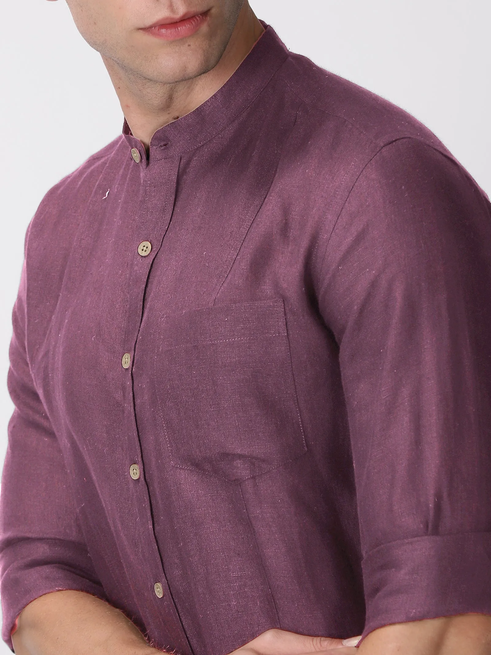 Trevor - Pure Linen Mandarin Collar Full Sleeve Shirt - Twilight Purple