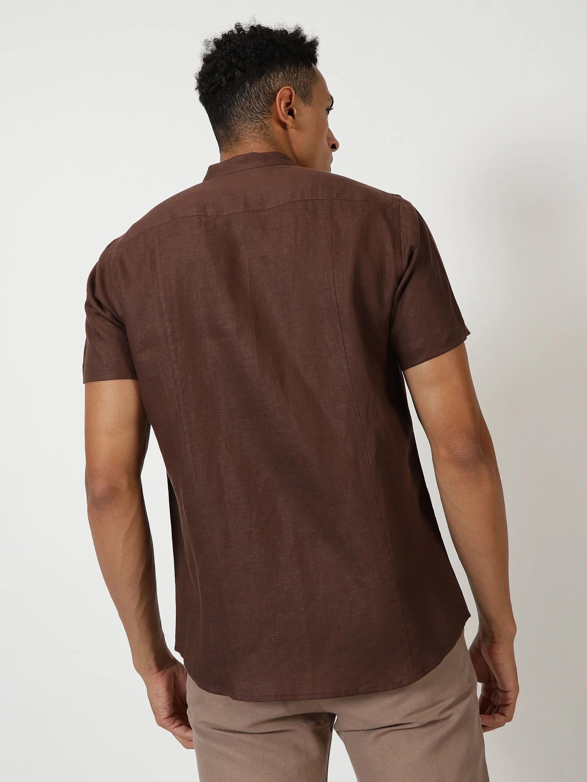 Trevor - Pure Linen Mandarin Collar Half Sleeve Shirt - Coffee Brown (Factory Rescue)