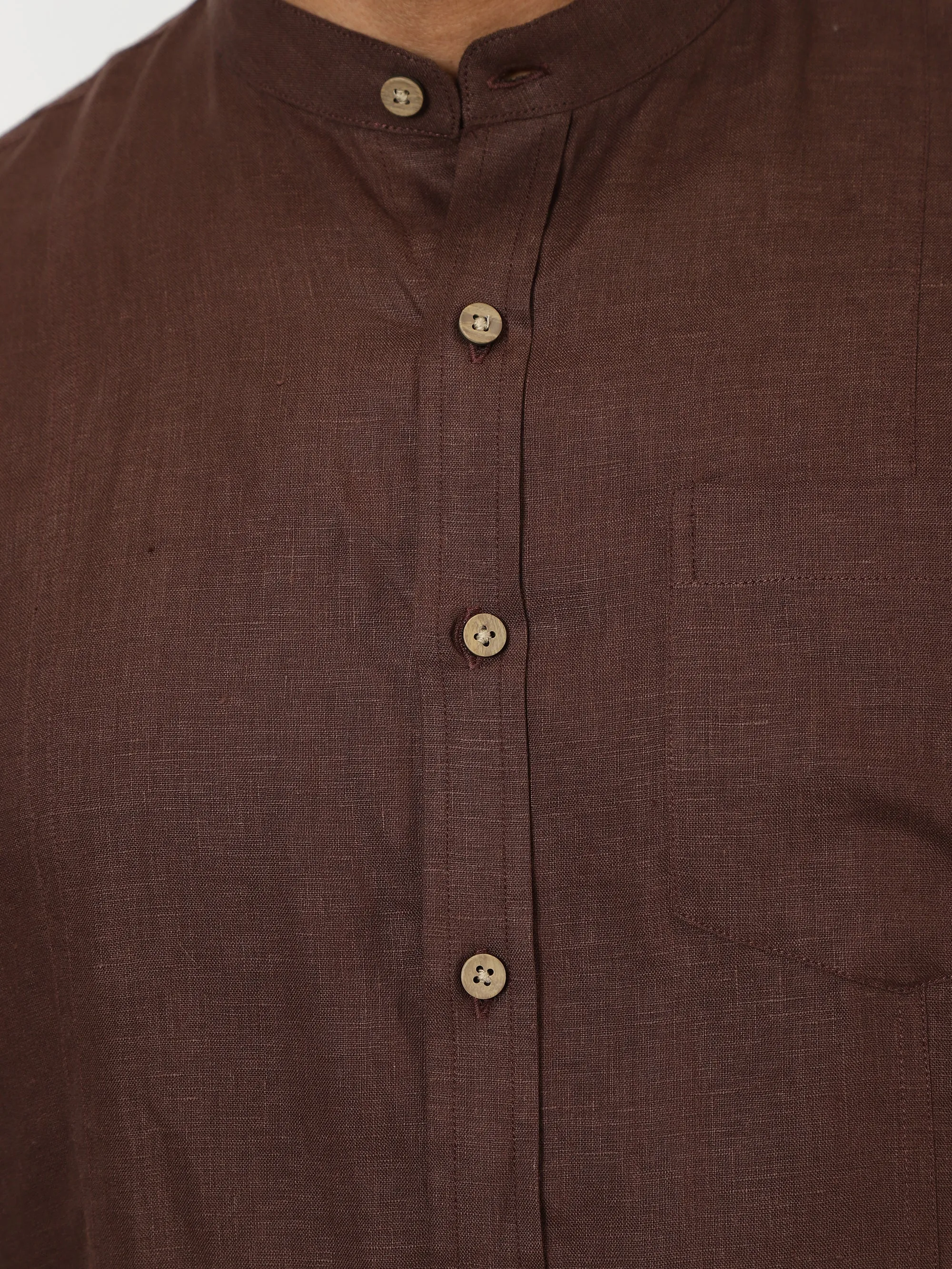 Trevor - Pure Linen Mandarin Collar Half Sleeve Shirt - Coffee Brown (Factory Rescue)