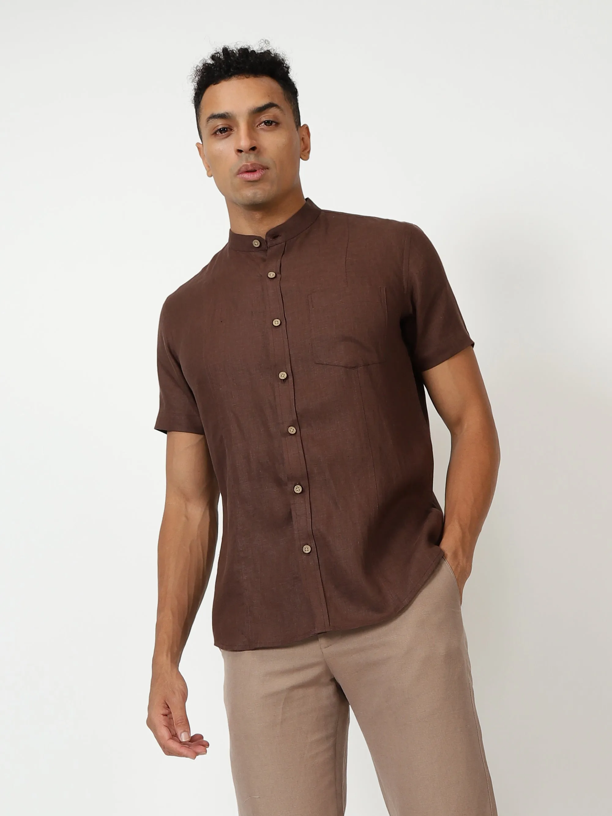 Trevor - Pure Linen Mandarin Collar Half Sleeve Shirt - Coffee Brown (Factory Rescue)