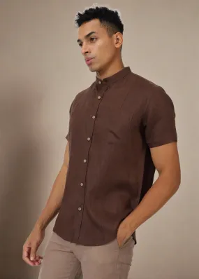 Trevor - Pure Linen Mandarin Collar Half Sleeve Shirt - Coffee Brown (Factory Rescue)