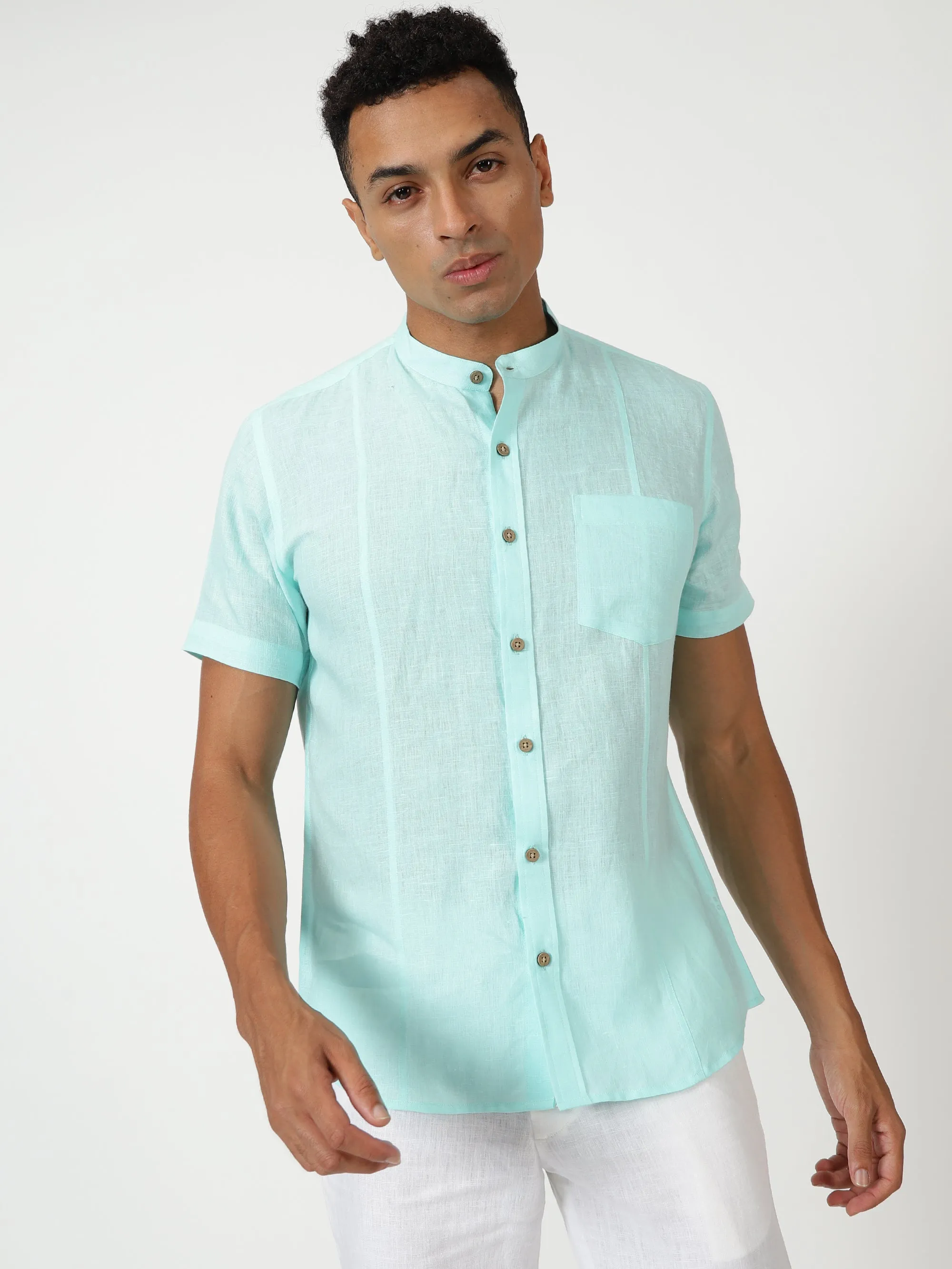 Trevor - Pure Linen Mandarin Collar Half Sleeve Shirt - Cyan Blue (Factory Rescue)