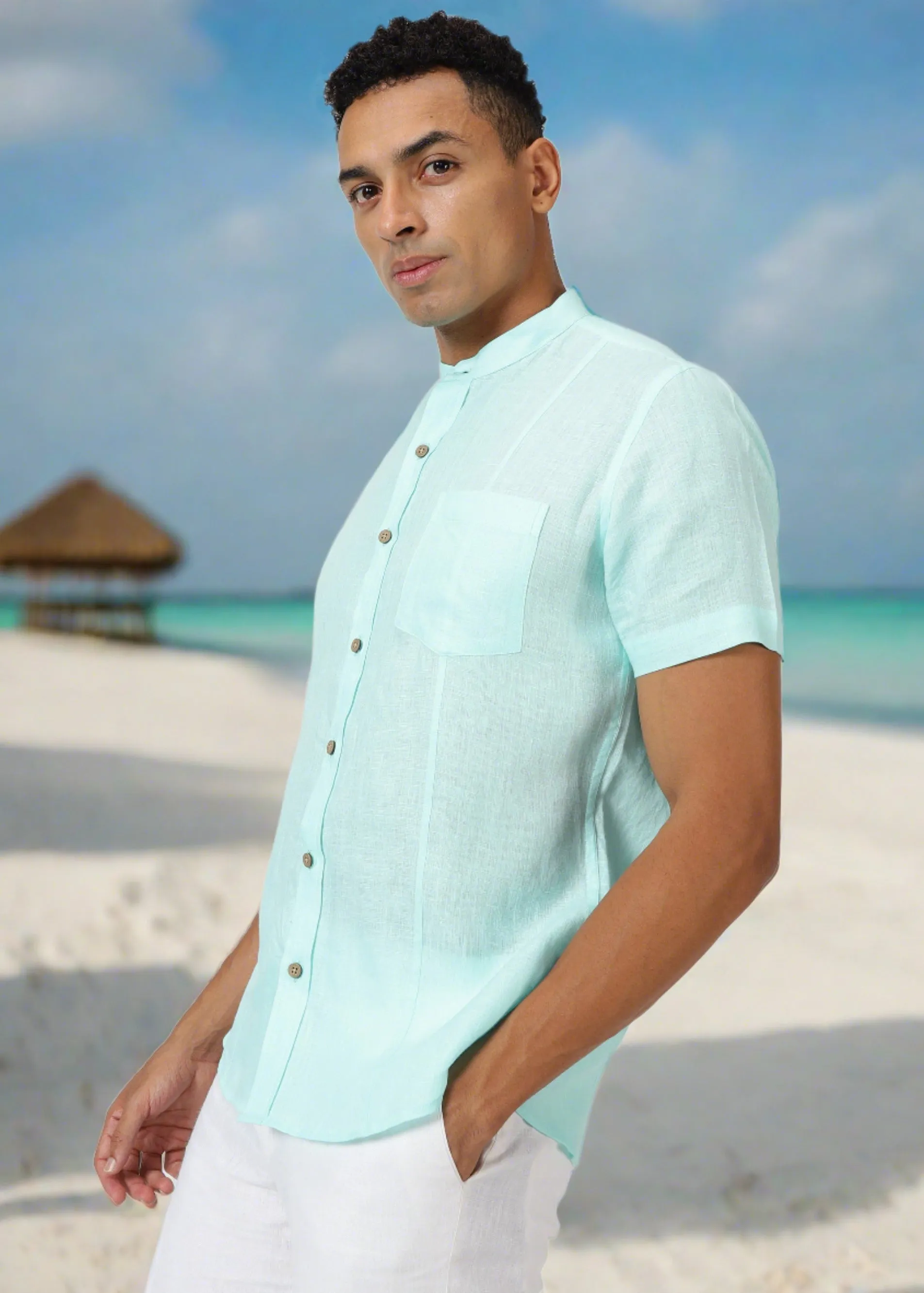 Trevor - Pure Linen Mandarin Collar Half Sleeve Shirt - Cyan Blue (Factory Rescue)