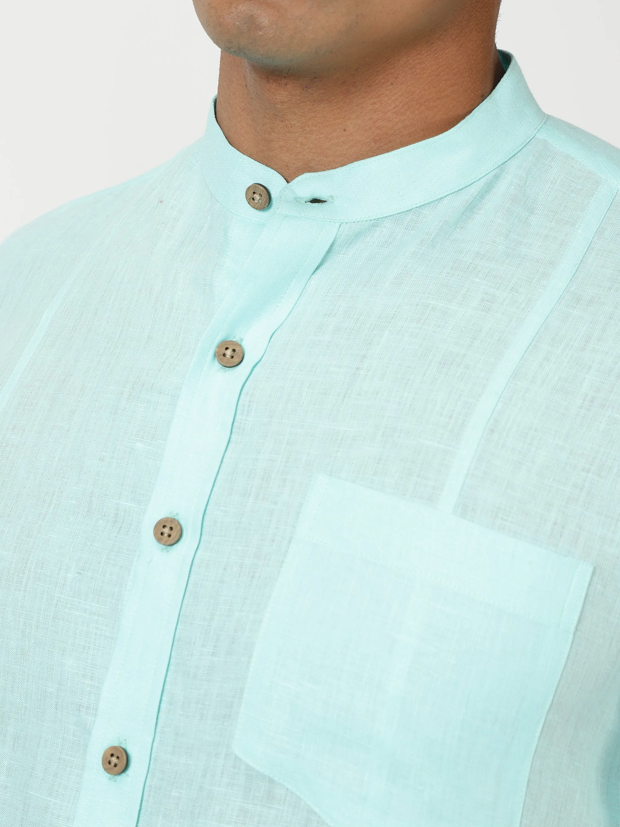 Trevor - Pure Linen Mandarin Collar Half Sleeve Shirt - Cyan Blue (Factory Rescue)