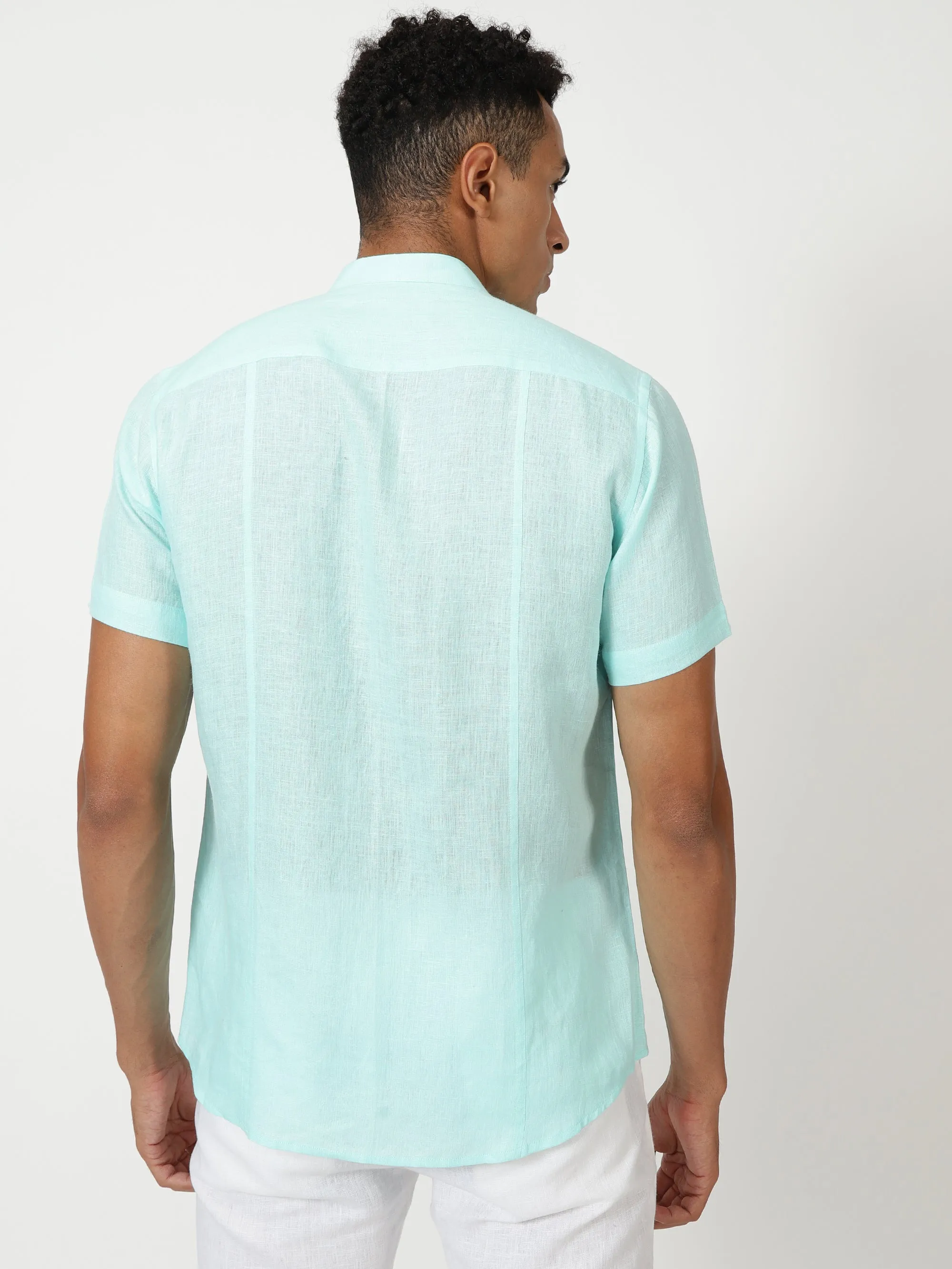 Trevor - Pure Linen Mandarin Collar Half Sleeve Shirt - Cyan Blue (Factory Rescue)