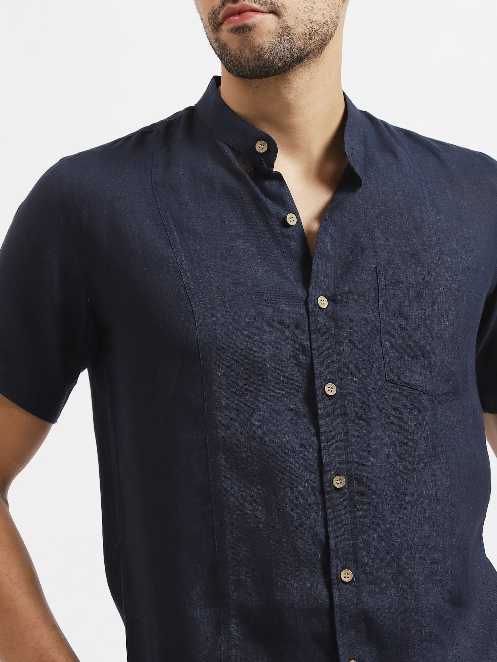 Trevor - Pure Linen Mandarin Collar Half Sleeve Shirt - Dark Blue