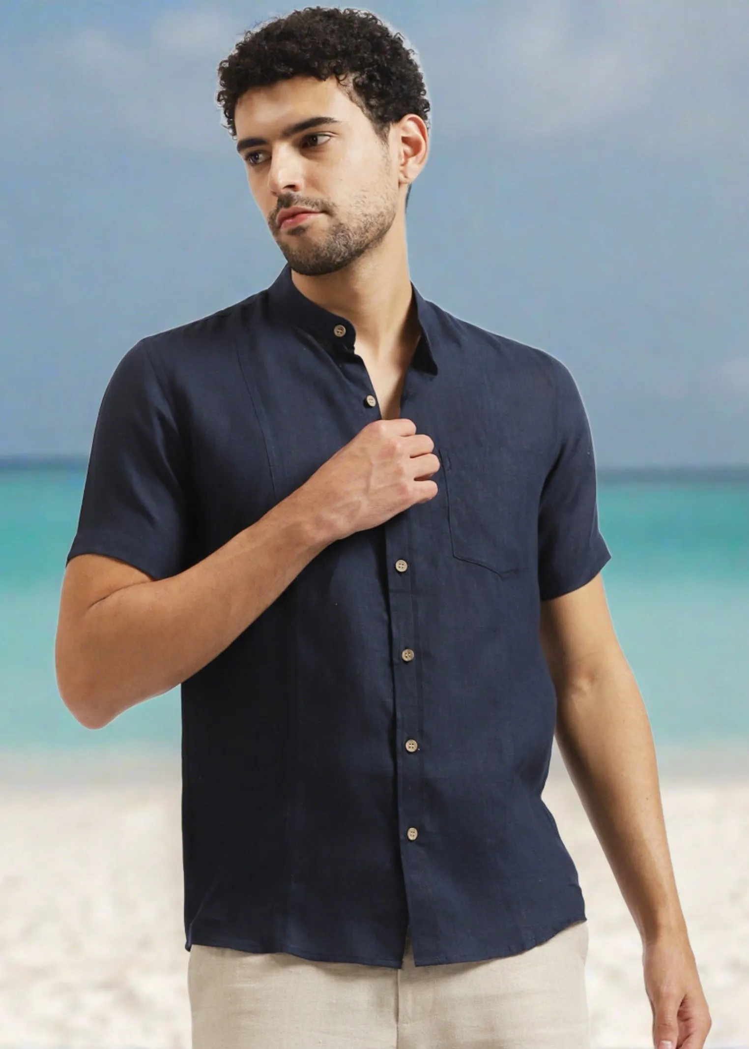 Trevor - Pure Linen Mandarin Collar Half Sleeve Shirt - Dark Blue