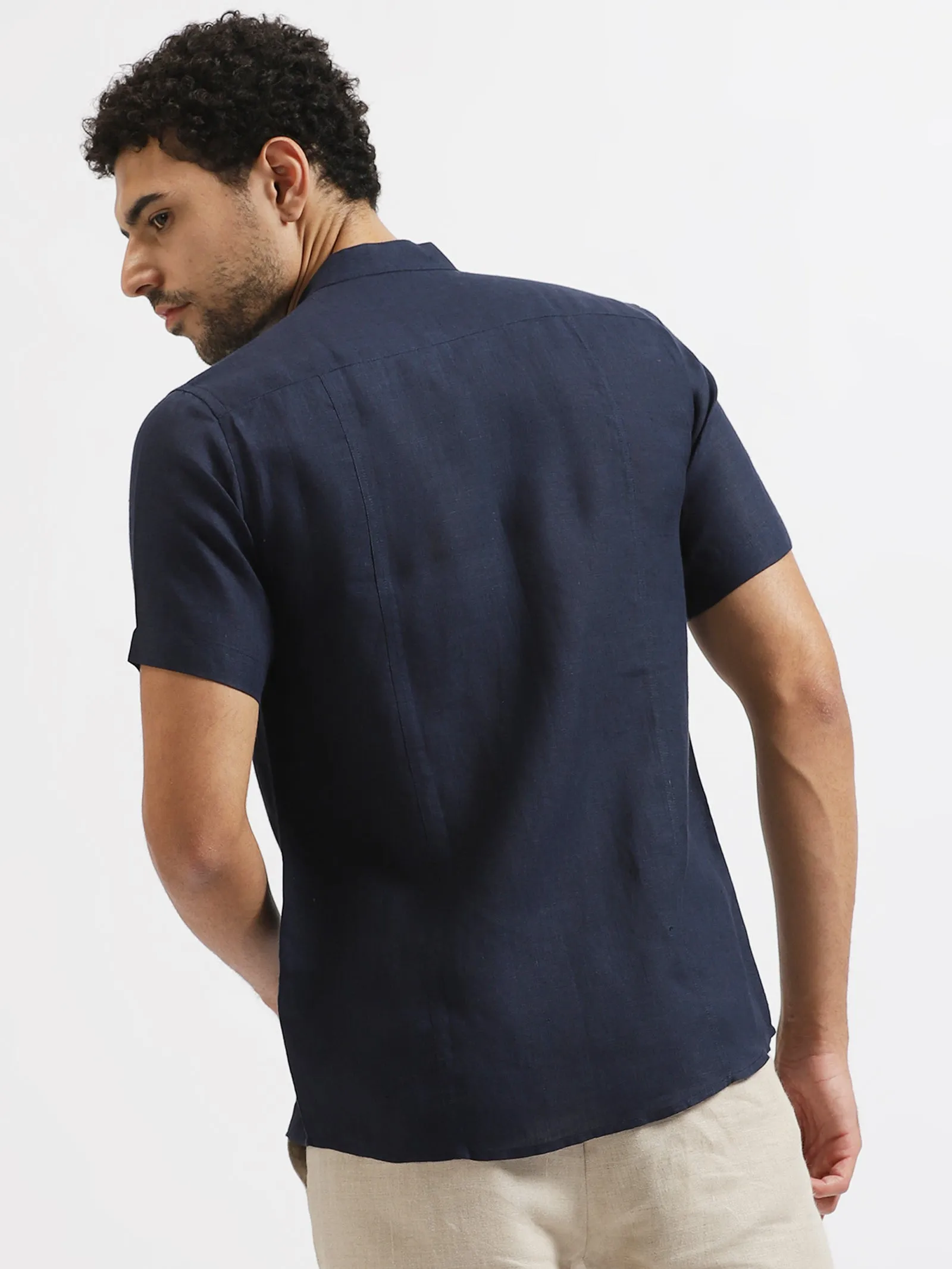 Trevor - Pure Linen Mandarin Collar Half Sleeve Shirt - Dark Blue