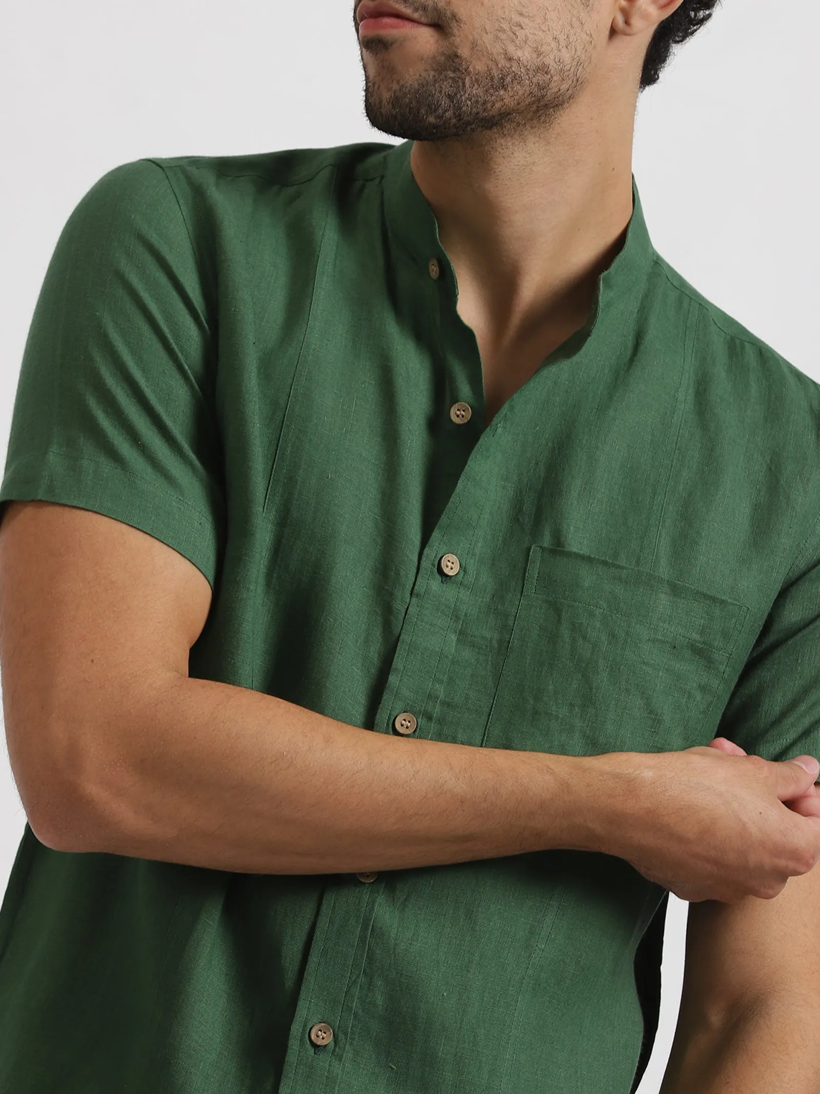 Trevor - Pure Linen Mandarin Collar Half Sleeve Shirt - Dark Green (Factory Rescue)