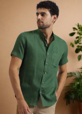 Trevor - Pure Linen Mandarin Collar Half Sleeve Shirt - Dark Green (Factory Rescue)