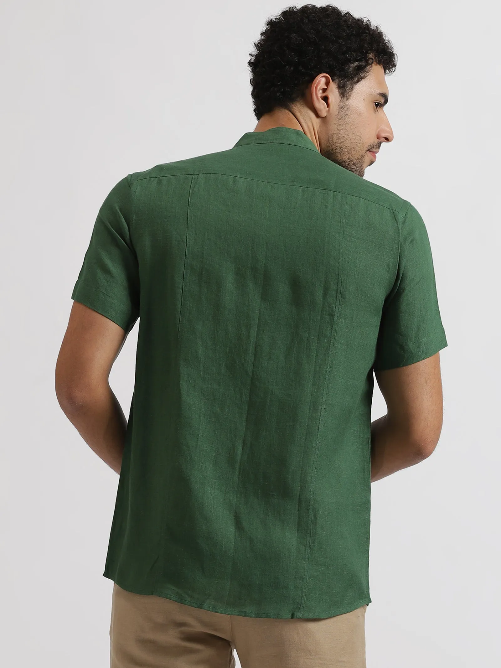 Trevor - Pure Linen Mandarin Collar Half Sleeve Shirt - Dark Green (Factory Rescue)