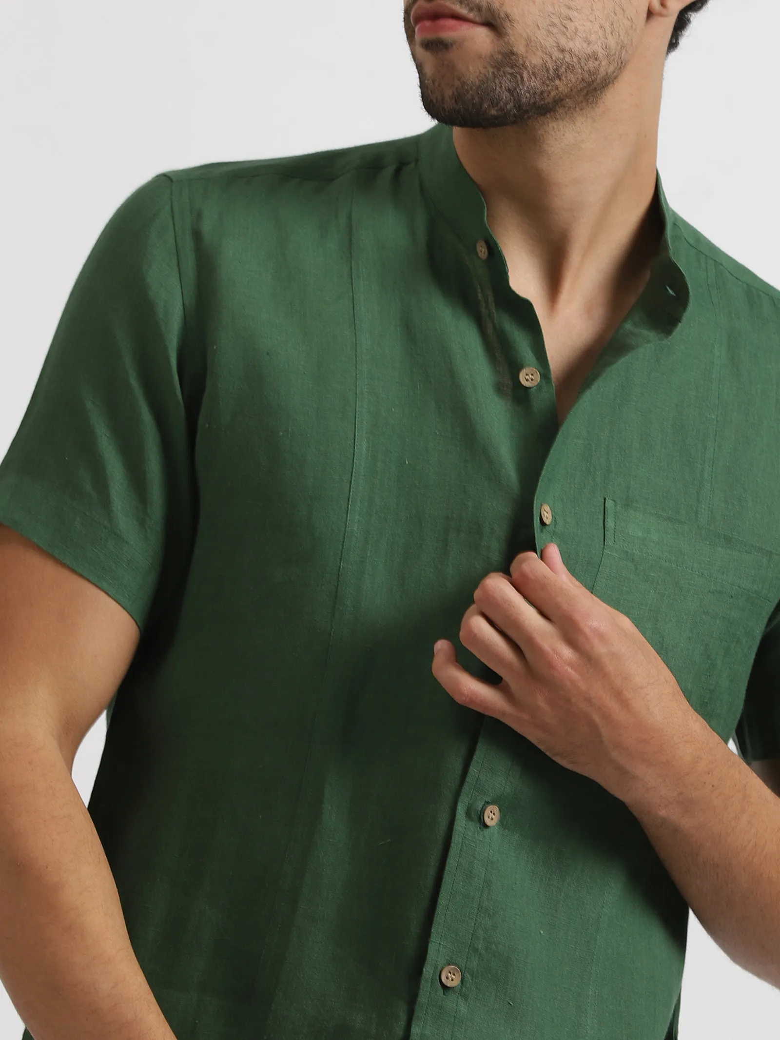 Trevor - Pure Linen Mandarin Collar Half Sleeve Shirt - Dark Green (Factory Rescue)