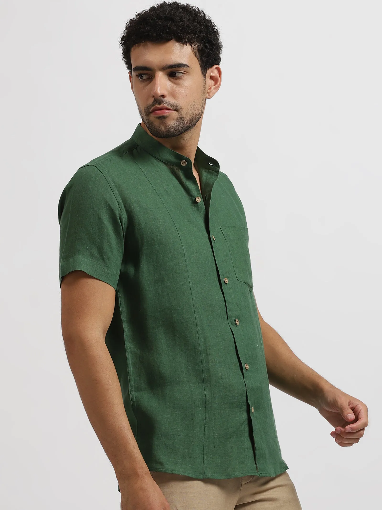 Trevor - Pure Linen Mandarin Collar Half Sleeve Shirt - Dark Green (Factory Rescue)