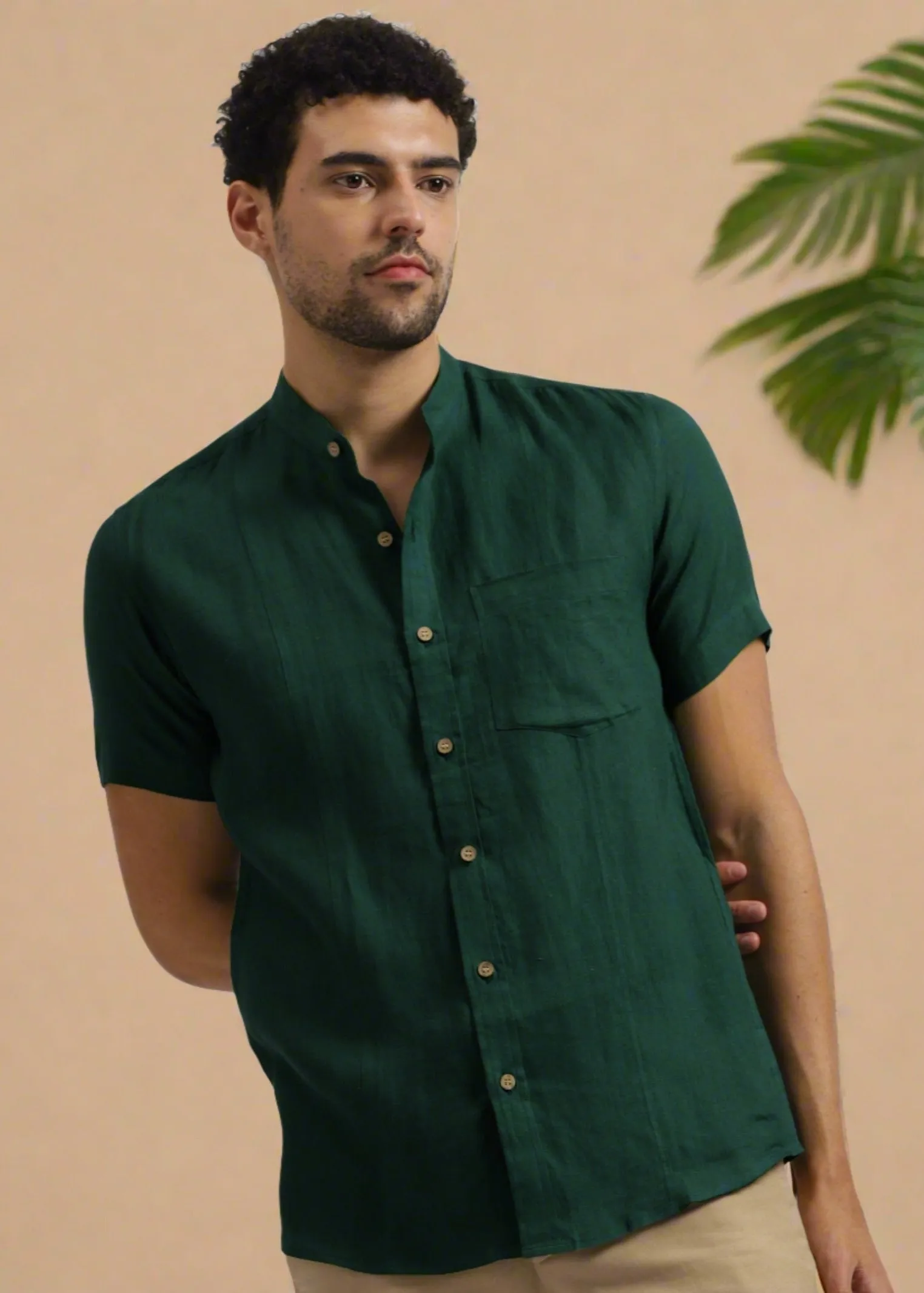 Trevor - Pure Linen Mandarin Collar Half Sleeve Shirt - Dark Pine Green