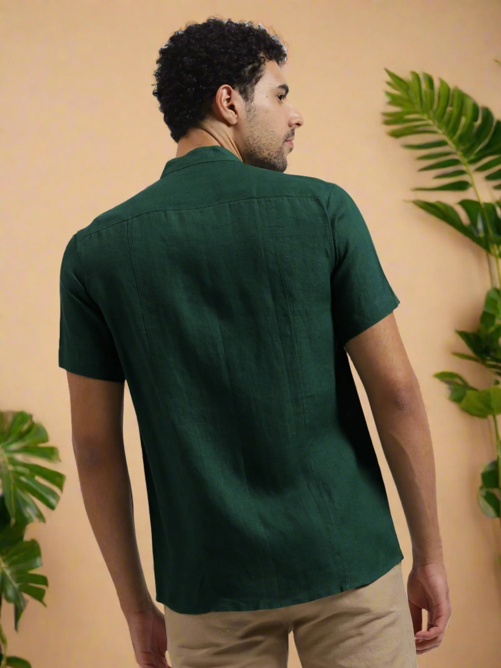 Trevor - Pure Linen Mandarin Collar Half Sleeve Shirt - Dark Pine Green