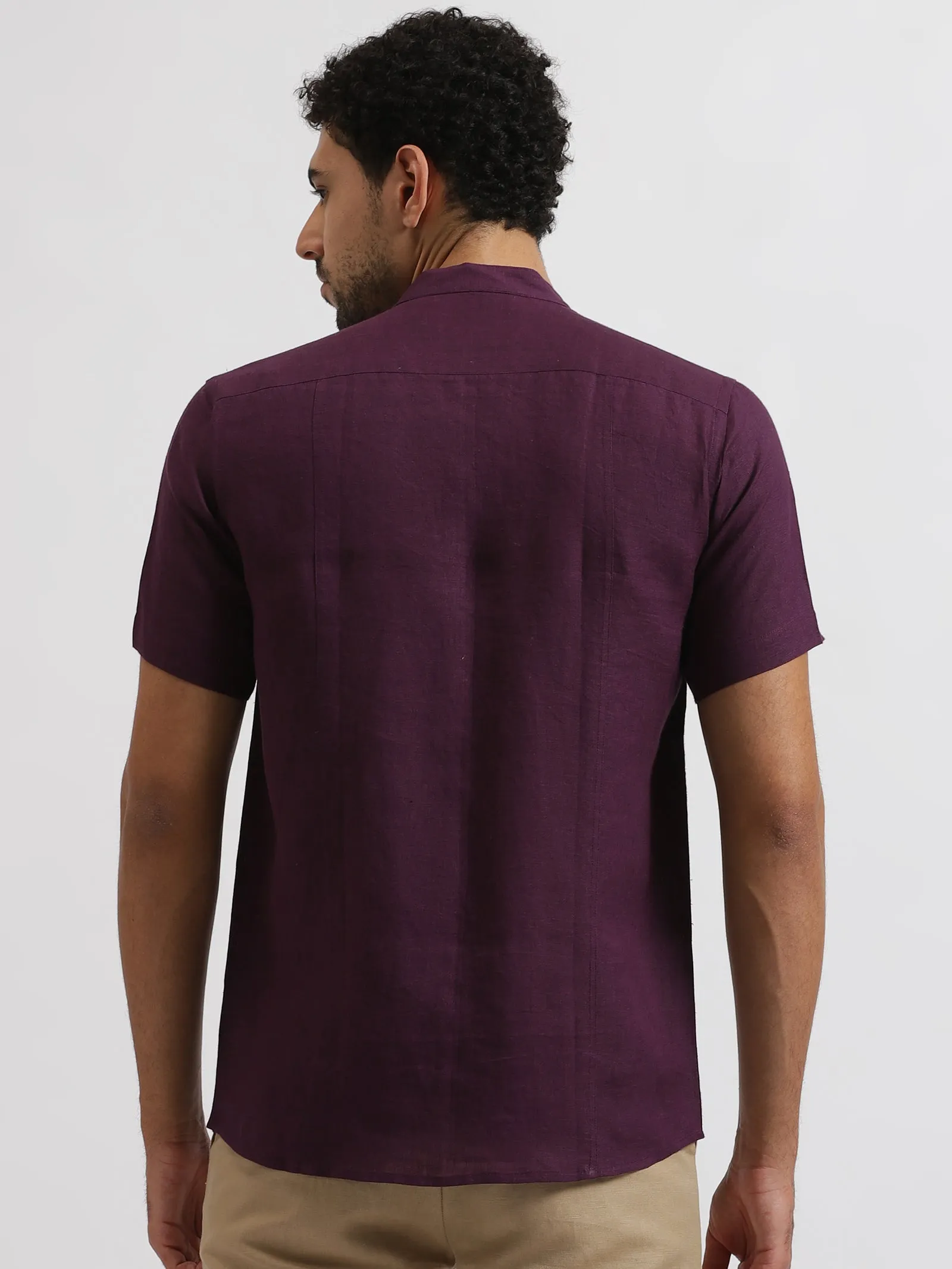 Trevor - Pure Linen Mandarin Collar Half Sleeve Shirt - Dark Purple