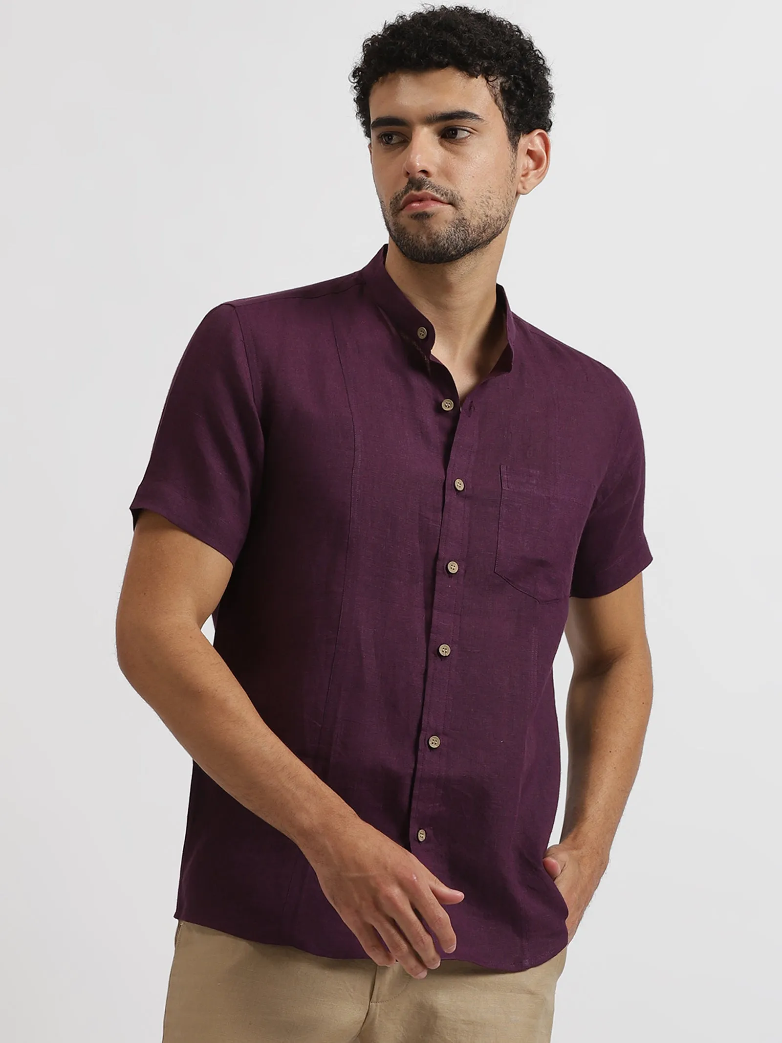 Trevor - Pure Linen Mandarin Collar Half Sleeve Shirt - Dark Purple