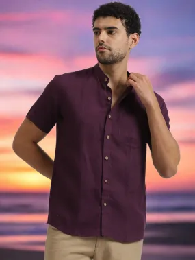 Trevor - Pure Linen Mandarin Collar Half Sleeve Shirt - Dark Purple