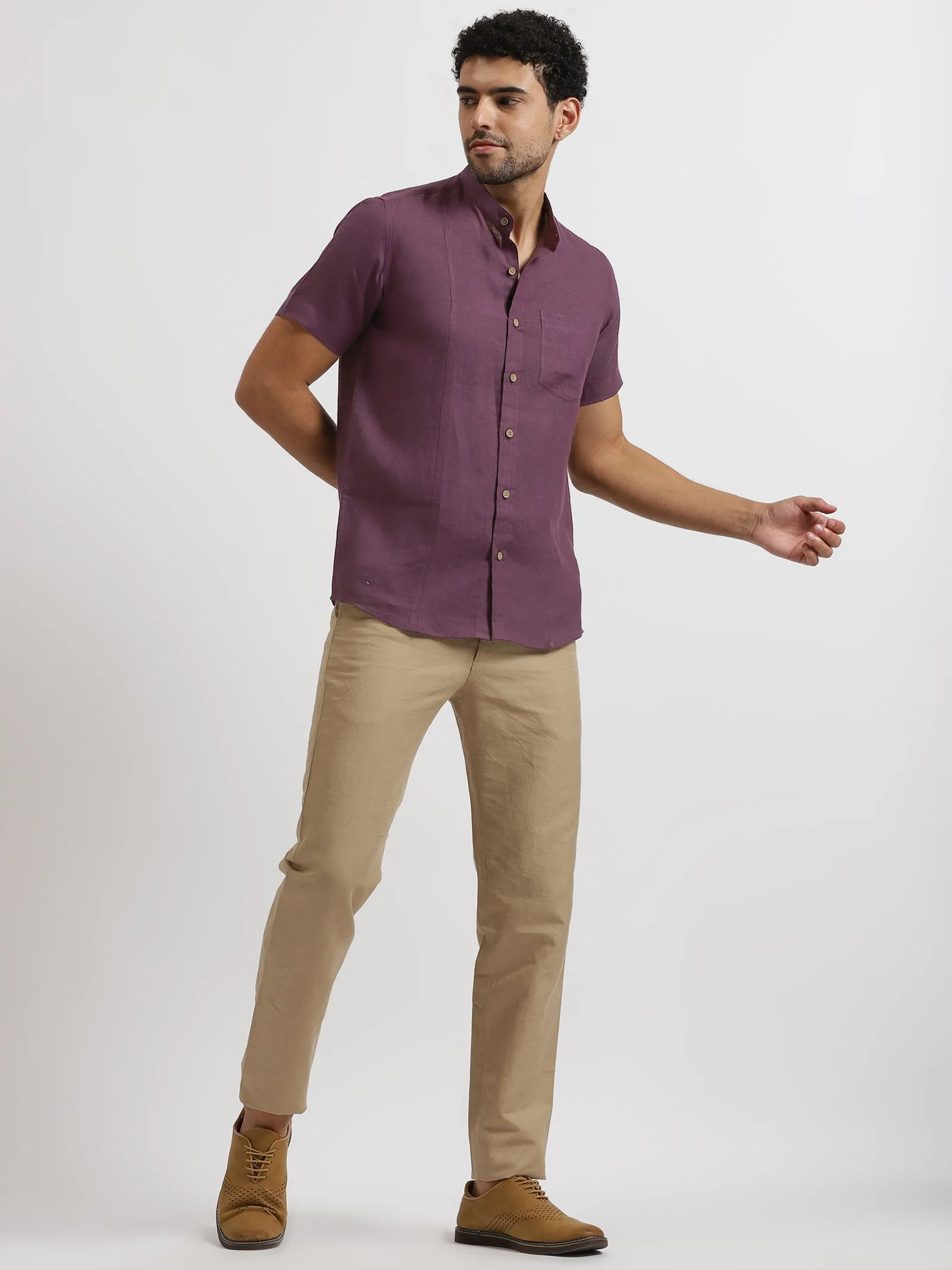 Trevor - Pure Linen Mandarin Collar Half Sleeve Shirt - Twilight Purple