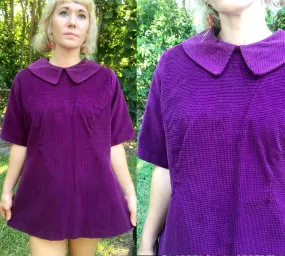 Vintage 60s | Purple Corduroy GoGo Mod Peter Pan Collar Top or Mini dress | L XL