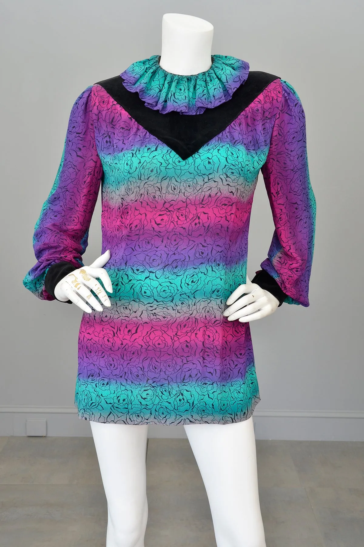 Vintage 70s 80s does 1940s Neon Pink Purple Teal Tunic, Medium