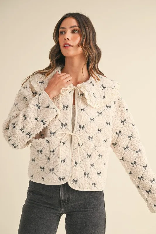 Waitlist 11/27 ♥ Regan Long Sleeve Front Tie Bow Embroidered Quilted Sherpa Shacket Cream