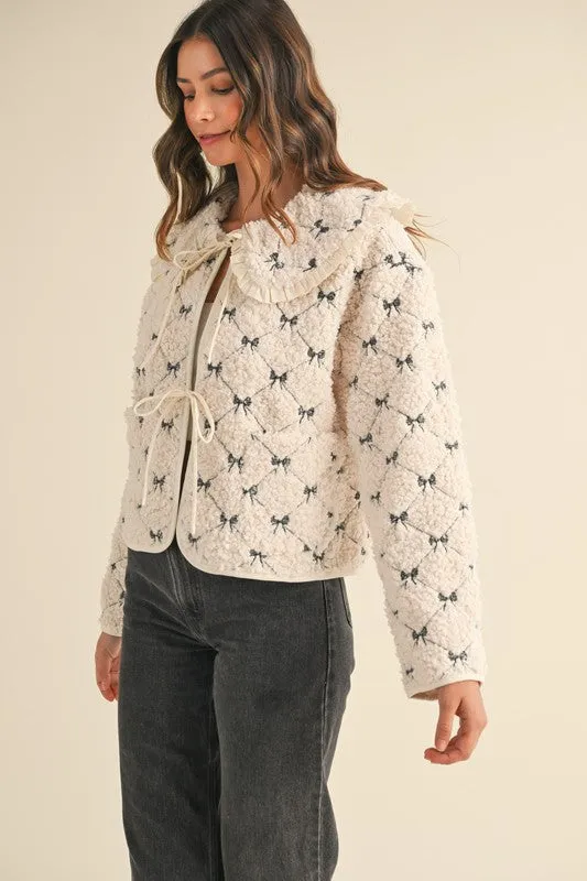 Waitlist 11/27 ♥ Regan Long Sleeve Front Tie Bow Embroidered Quilted Sherpa Shacket Cream