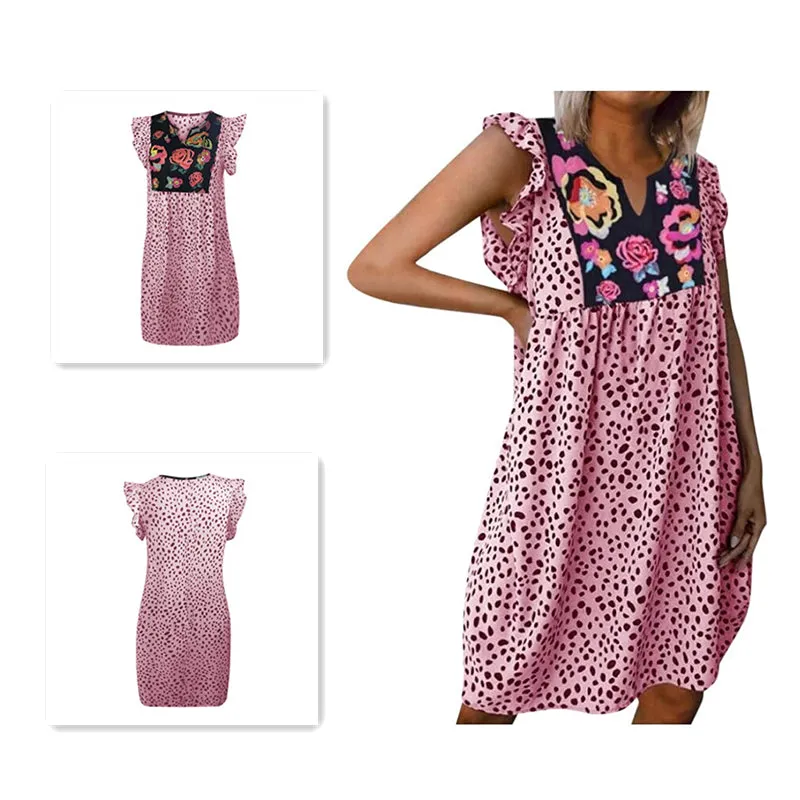 Women V-neck Leopard Chiffon Sleeveless Ruffle Tank Dress